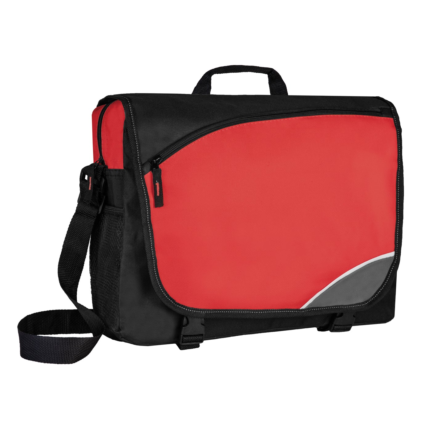 Borsa portadocumenti bicolore rosso/nero con cerniera esterna, tracolla e interno multitasche.