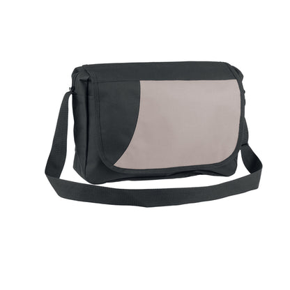Borsa portadocumenti bicolore con patta e tracolla regolabile, nero e grigio chiaro