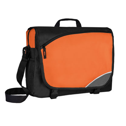 Borsa portadocumenti bicolore arancio/nero con cerniera esterna, tracolla e interno multitasche.