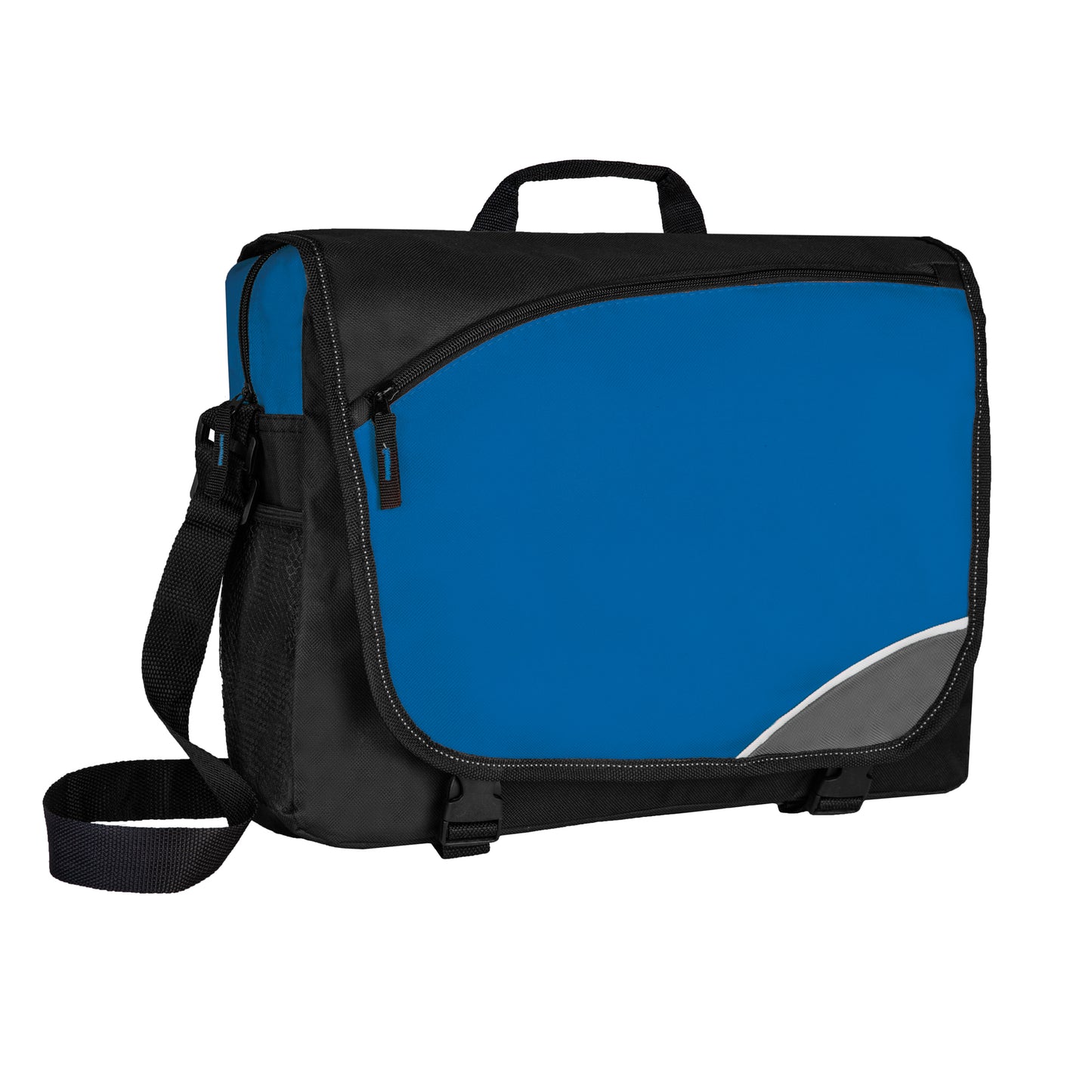 Borsa portadocumenti bicolore Royal/nero con cerniera esterna, tracolla e interno multitasche.
