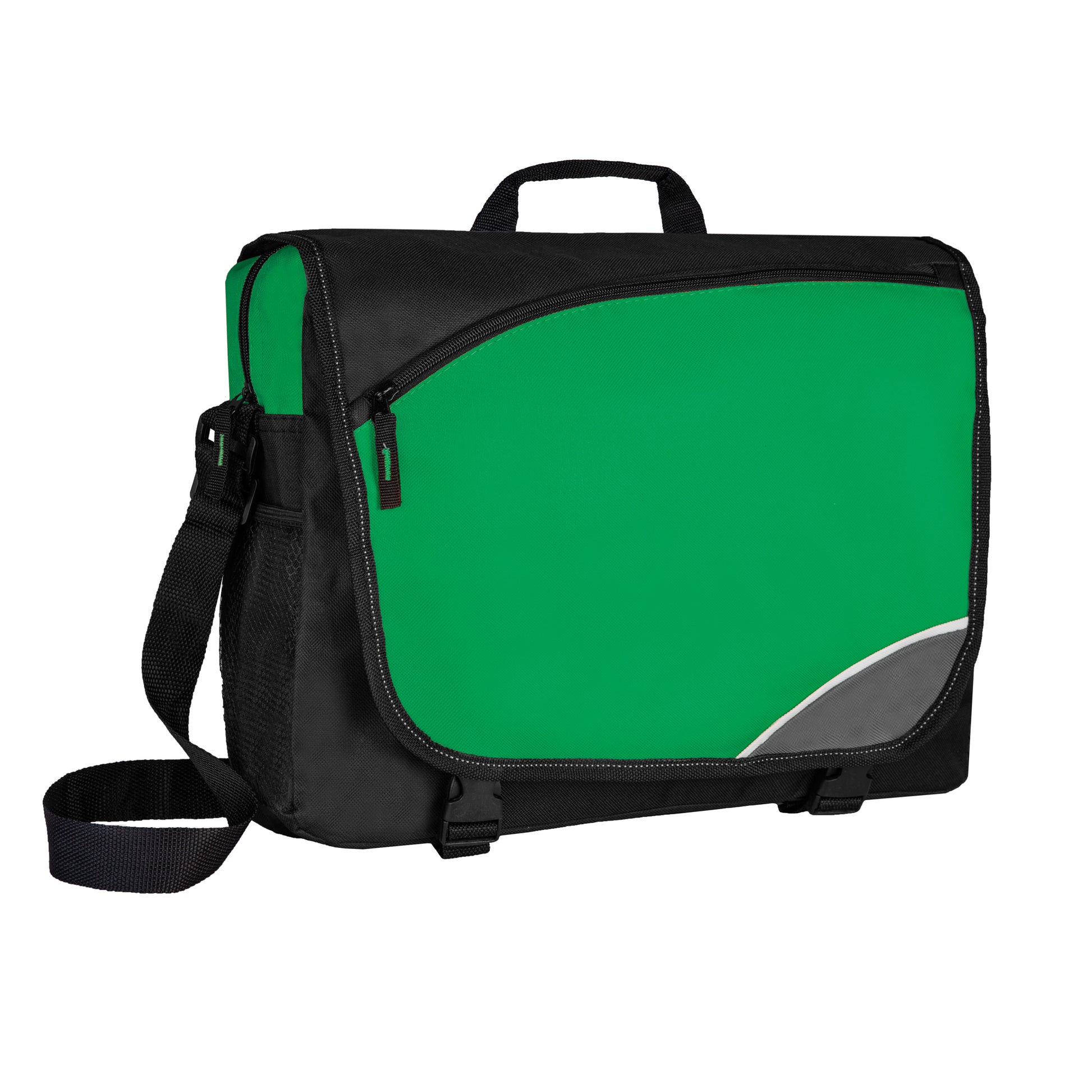Borsa portadocumenti bicolore verde/nero con cerniera esterna, tracolla e interno multitasche.