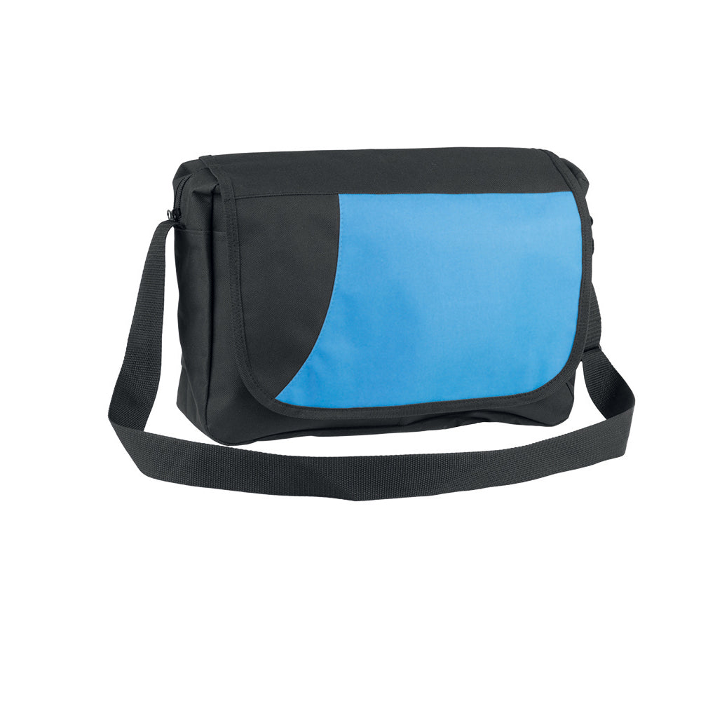 Borsa portadocumenti bicolore con patta e tracolla regolabile, nero e blu